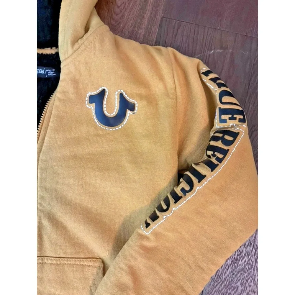 True Religion Zip Hoodie Sherpa Lined‎ Tan Logo Men's Medium